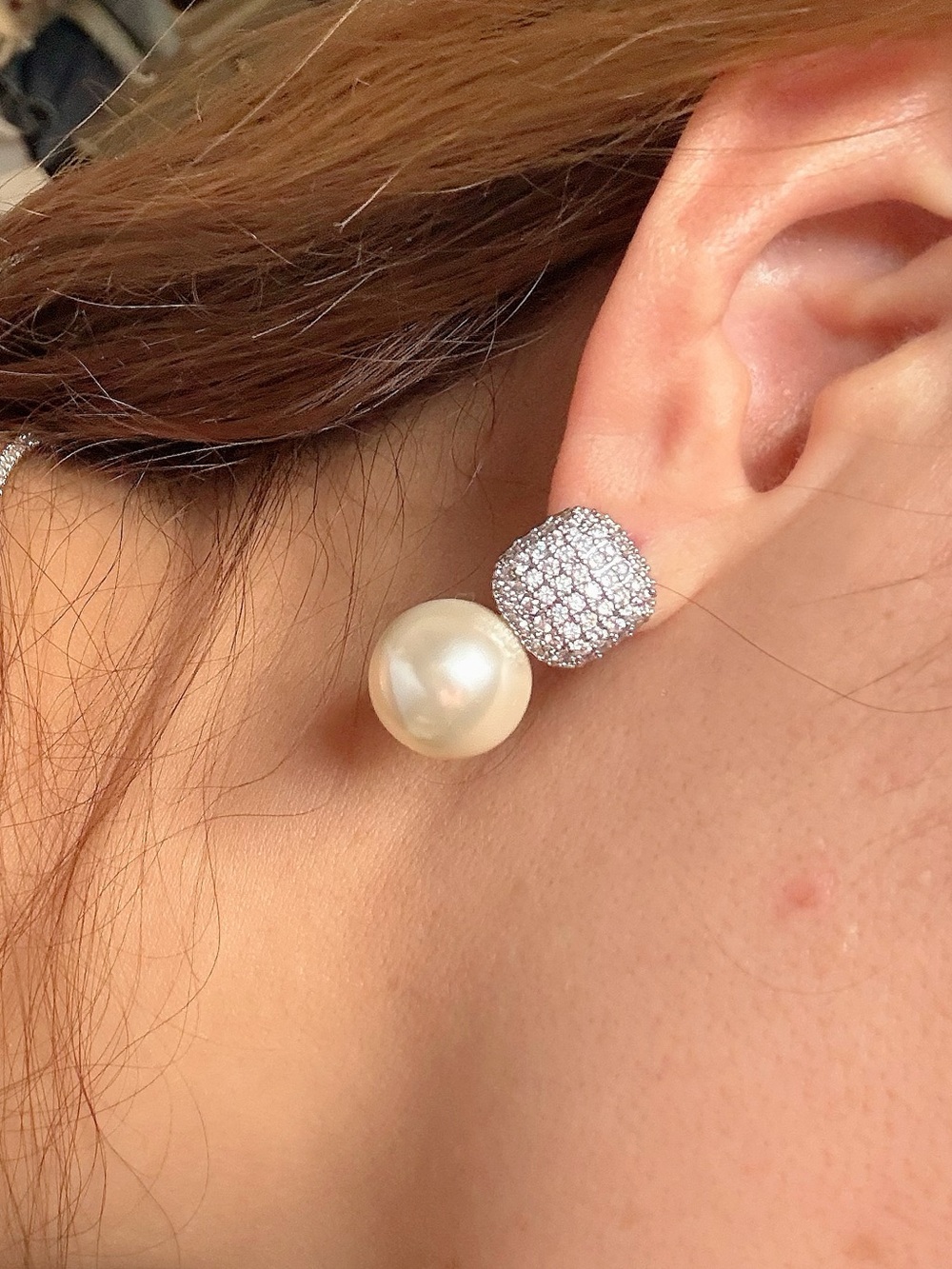 Pearl Drop Earrings with Pave Crystal Studs
Made in Korea